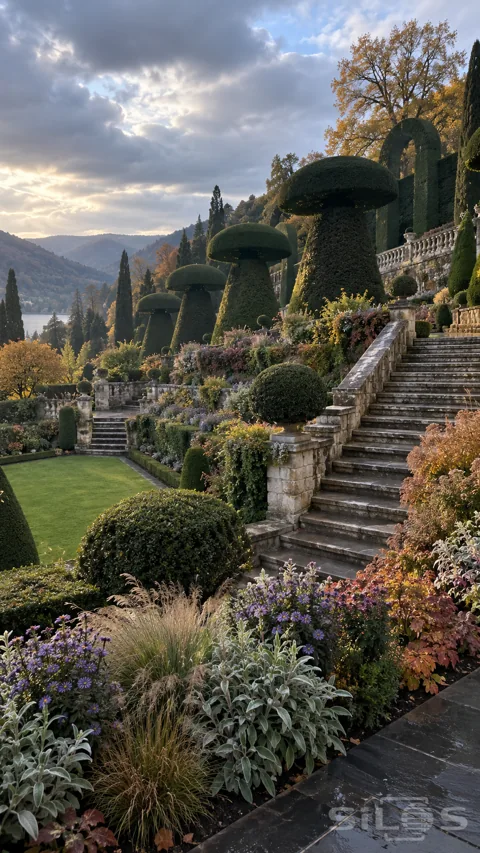Giant mushroom-shaped yews rise beside stone stairs; flower-filled terraces and a distant lake beneath an autumn sky.