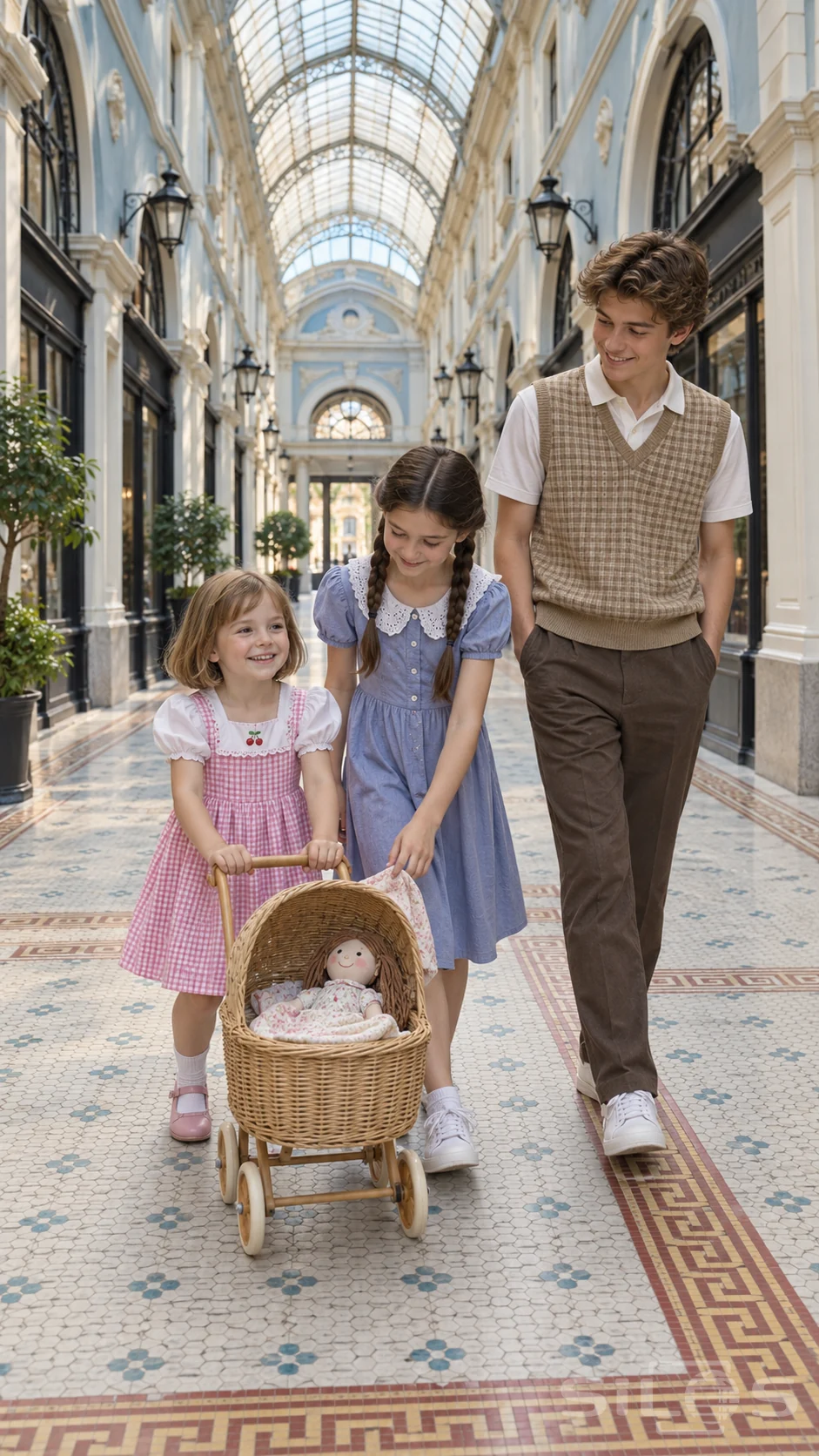 Three siblings guiding a doll pram through a glass arcade with a cloth toy inside the wicker carriage and patterned tiles below.