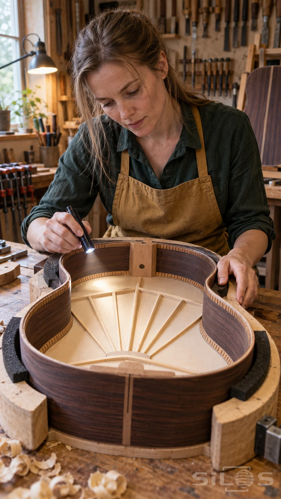 A luthier shines a small inspection light into an open guitar held in a padded mold on her workbench.