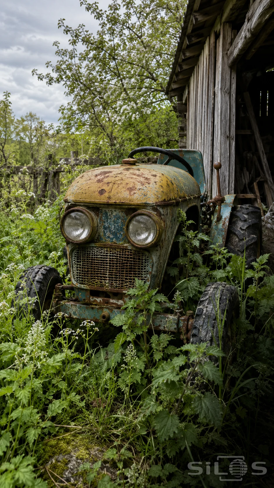 A smiling farm vehicle suggested by round headlights and a bowed grille, surrounded by spring weeds and worn paint.