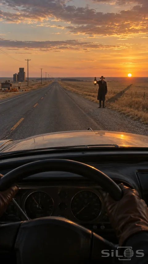 A man holds a lantern beside an empty prairie road; seen through a car windscreen at sunset.