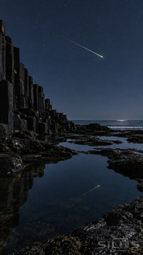 A thin meteor streak is reflected in quiet tidal pools beside tall dark basalt columns beneath a starry blue night sky.