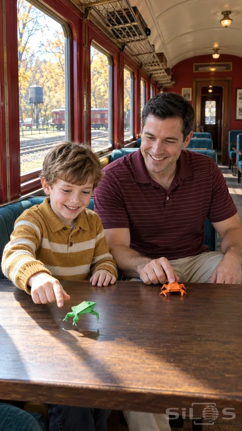A father and son share a paper frog race with green and orange folded paper toys at a table inside a bright railway car.