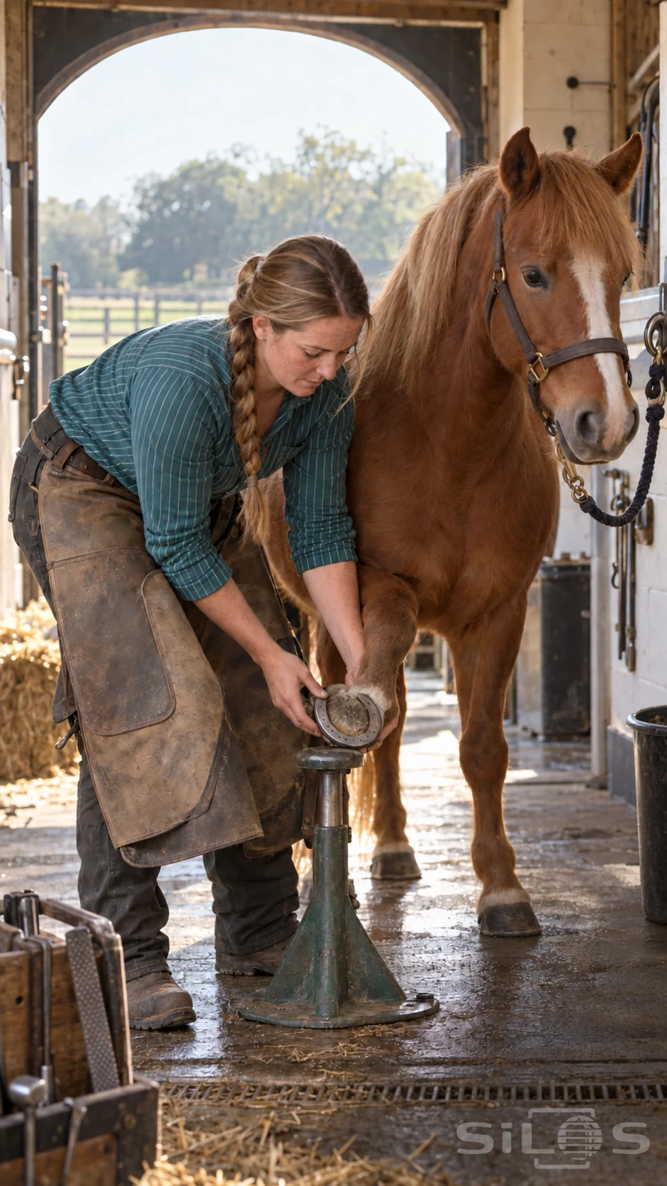 A farrier steadies a raised pony hoof on a stand while checking the fit of a plain iron horseshoe.
