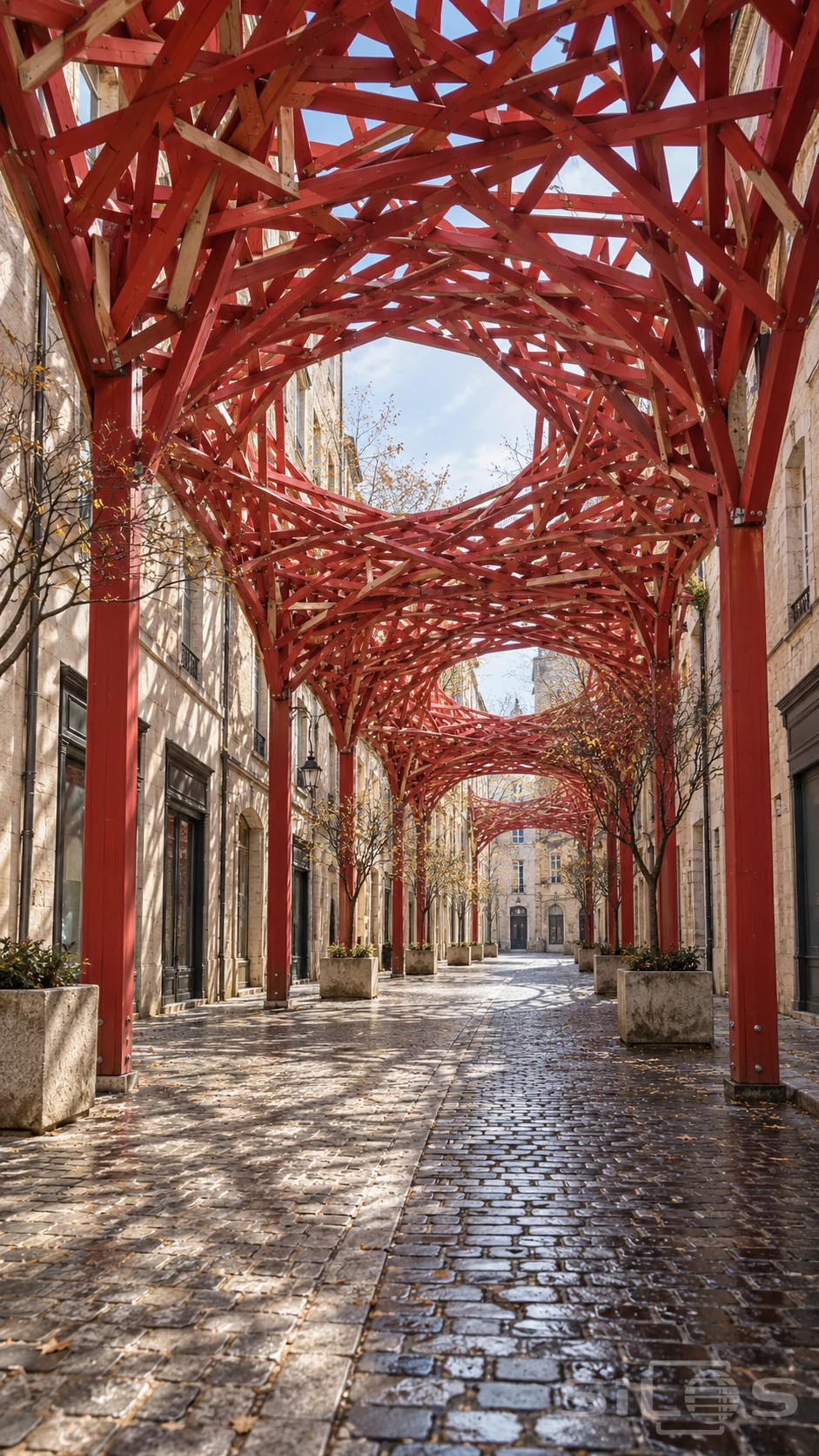 A red canopy of crisscrossed wooden strips spans a narrow stone street above planters and wet cobbles.