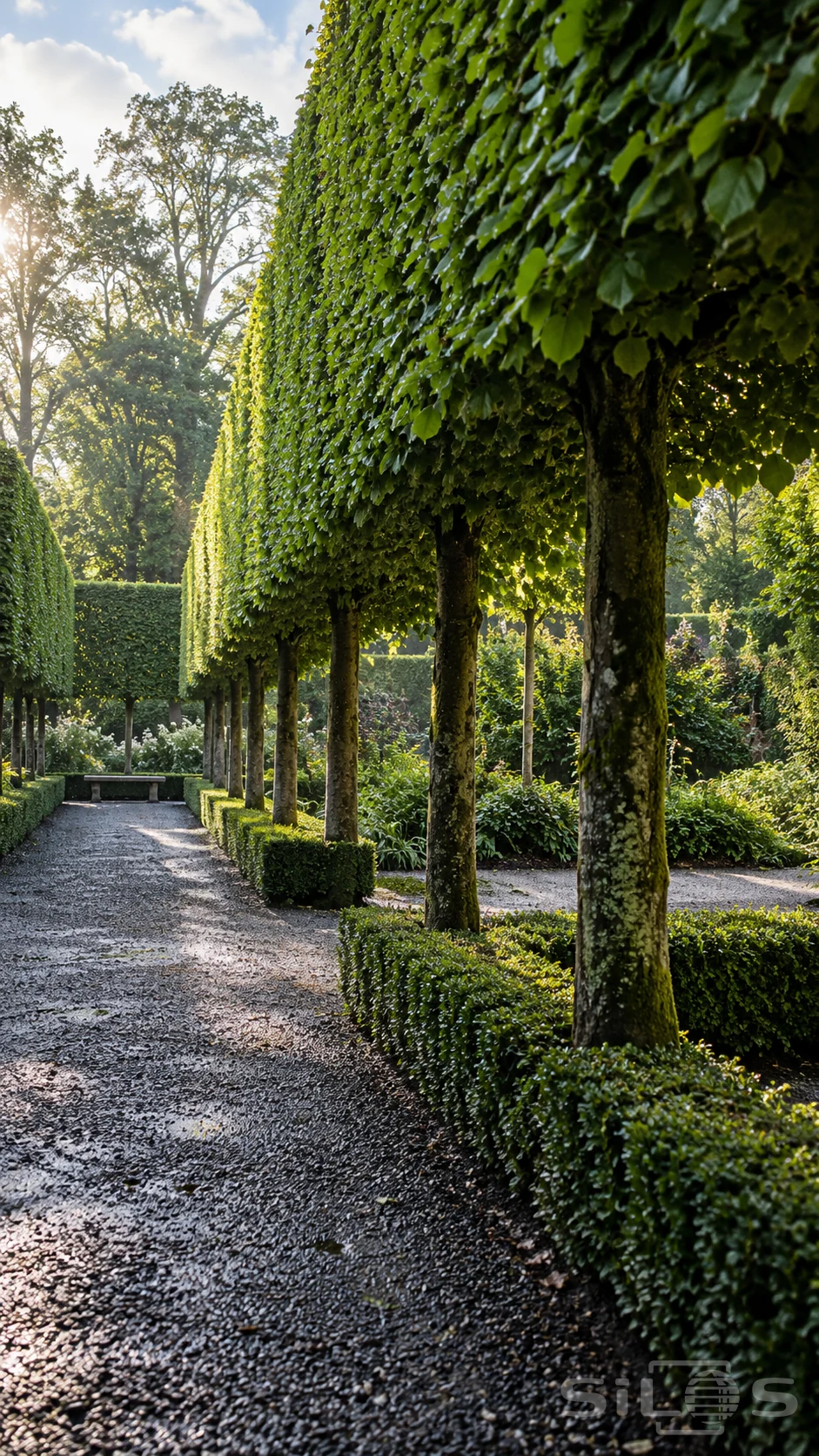 A tall rectangular hedge is raised on a line of bare tree trunks above low clipped borders and a wet gravel path.