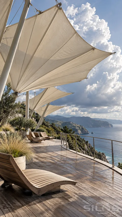 Huge ivory folded coastal shades cover timber loungers on a cliffside cloud-watching terrace above blue water and distant headlands.