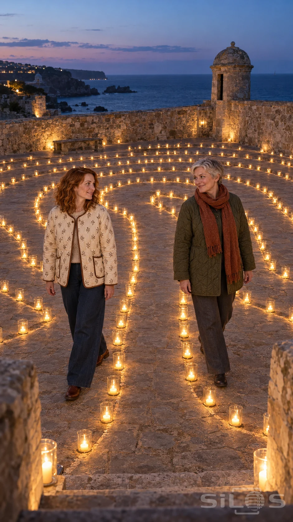 Two women in quilted coats exchange a smile while walking separate lanes of a candle labyrinth in a coastal stone courtyard.