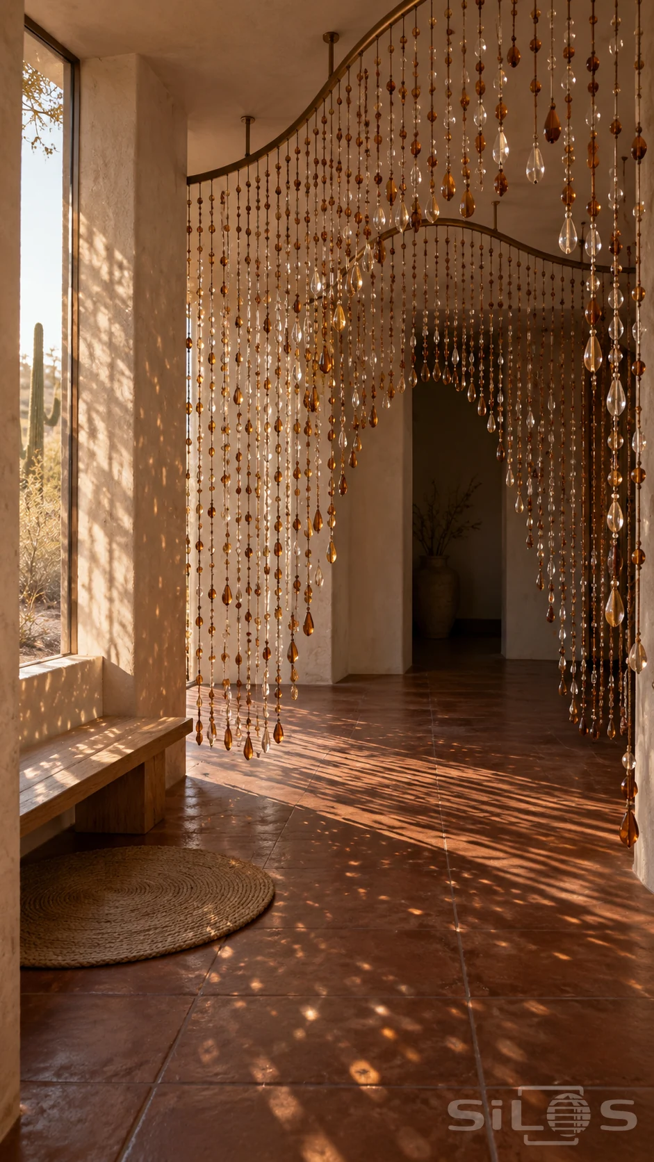 Amber glass bead curtains hang in curved layers above a terracotta floor beside a tall window and a plain wooden bench.