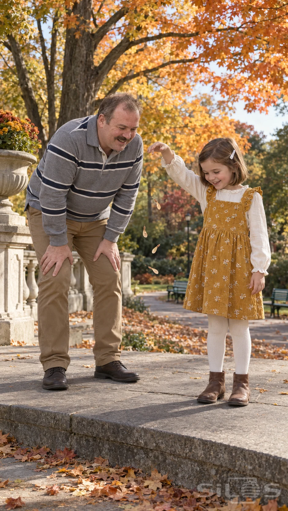 A daughter releases maple helicopter seeds as her father watches beside her on a stone terrace beneath an autumn canopy.