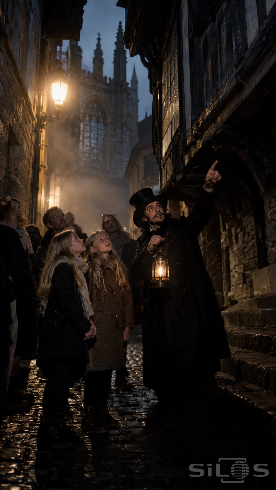A guide in a top hat holds a lantern and points upward while two girls and several adults watch in a misty medieval alley.