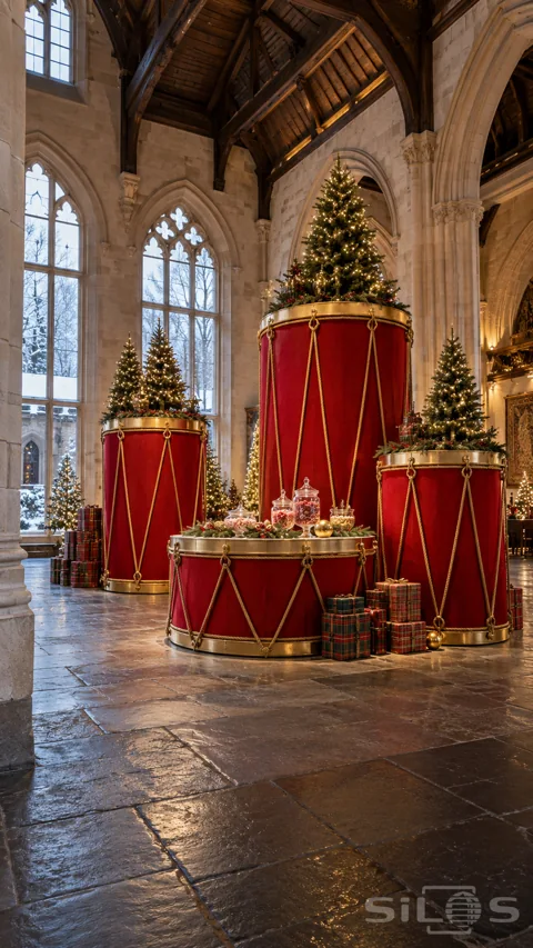 Giant scarlet velvet drums with gold cords support lighted evergreen trees in a tall stone gallery beside snowy windows.