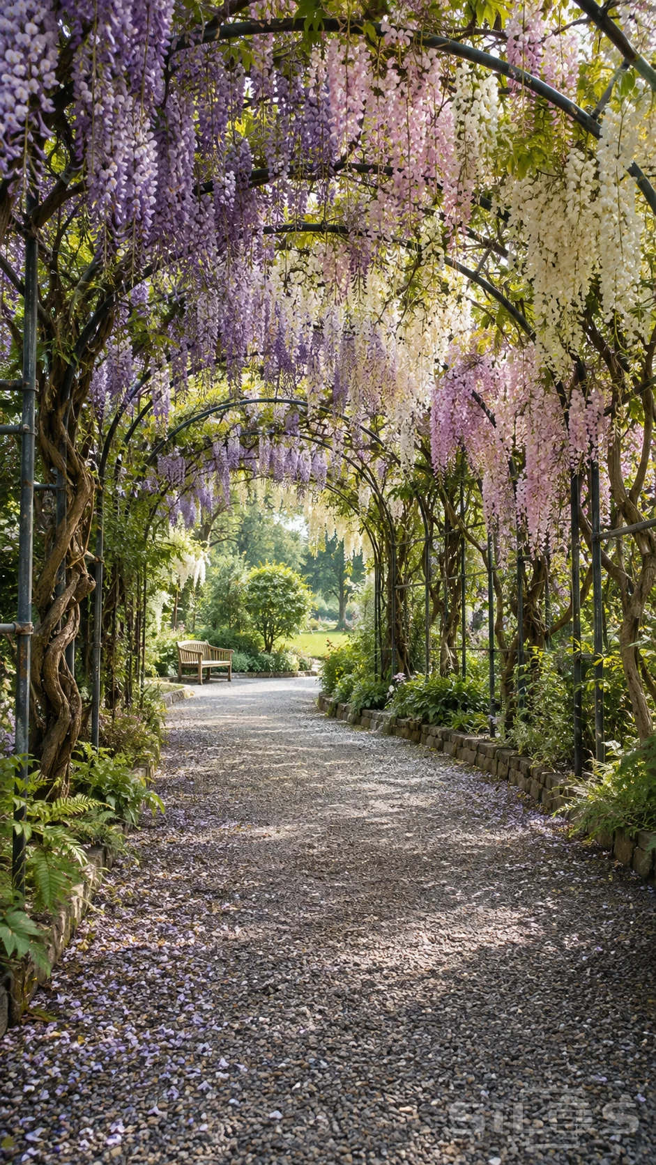 A wisteria garden tunnel covers a gravel path with lilac and white flowers beside a wooden bench in morning light.