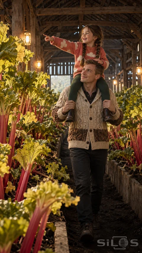 A rhubarb shoulder ride carries a smiling daughter above her father's shoulders between pink stalks in a growing shed.