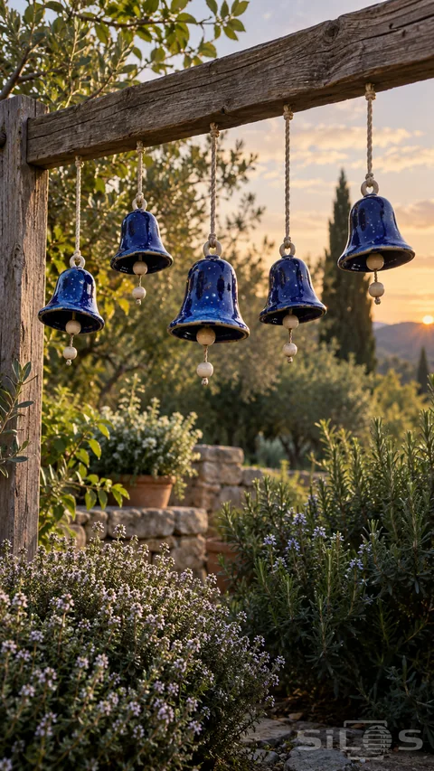 Five blue ceramic bells with ivory speckles; cream cords and pale clappers hang from a timber beam above flowering thyme and rosemary.