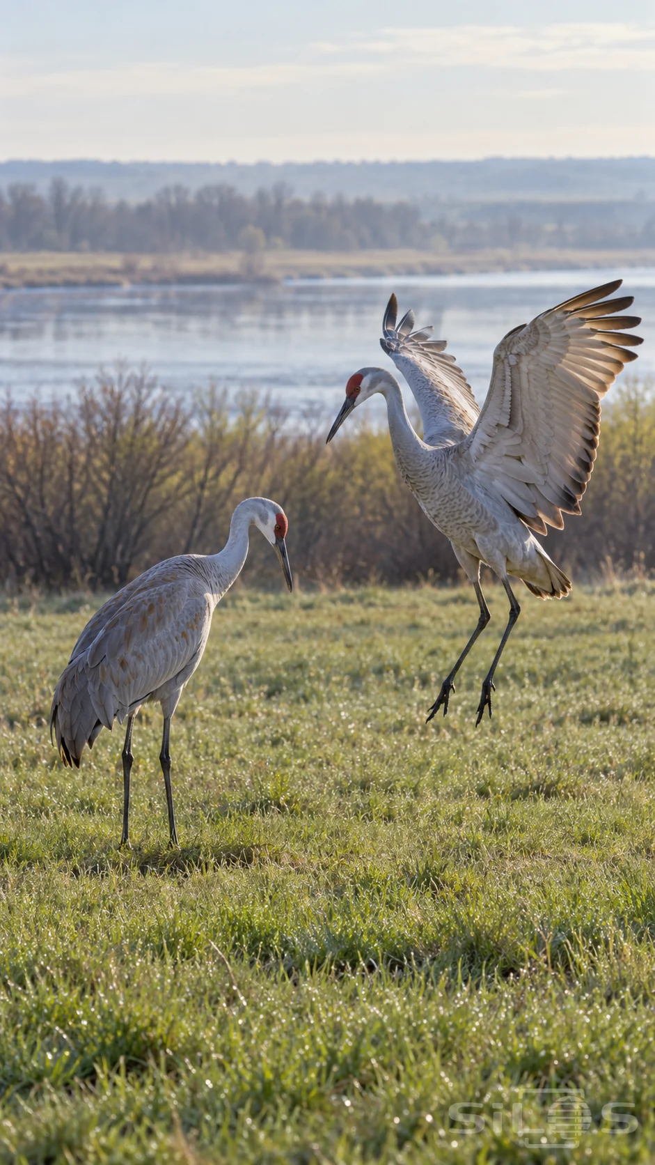 Two sandhill cranes perform a courtship dance in a dewy river meadow with one bowing and the other briefly lifting above the grass.