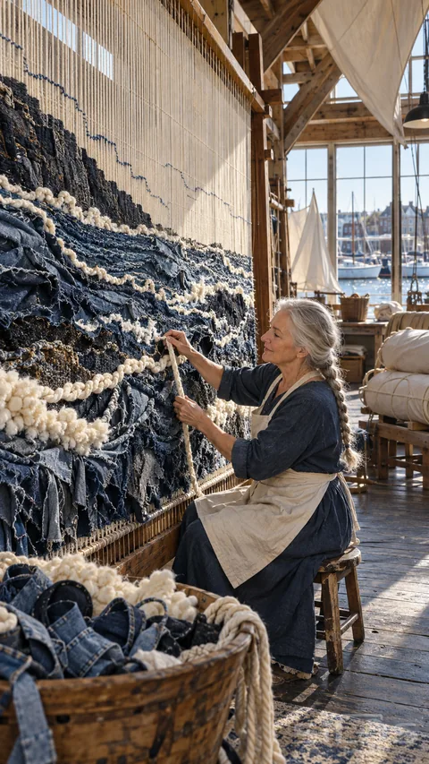 An older artisan works on indigo weaving and cream rope at a tall loom inside a sunlit sail loft.