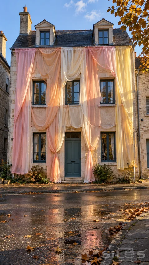 A stone townhouse covered in long pastel fabric drapes with its windows and blue-green door left open to view.