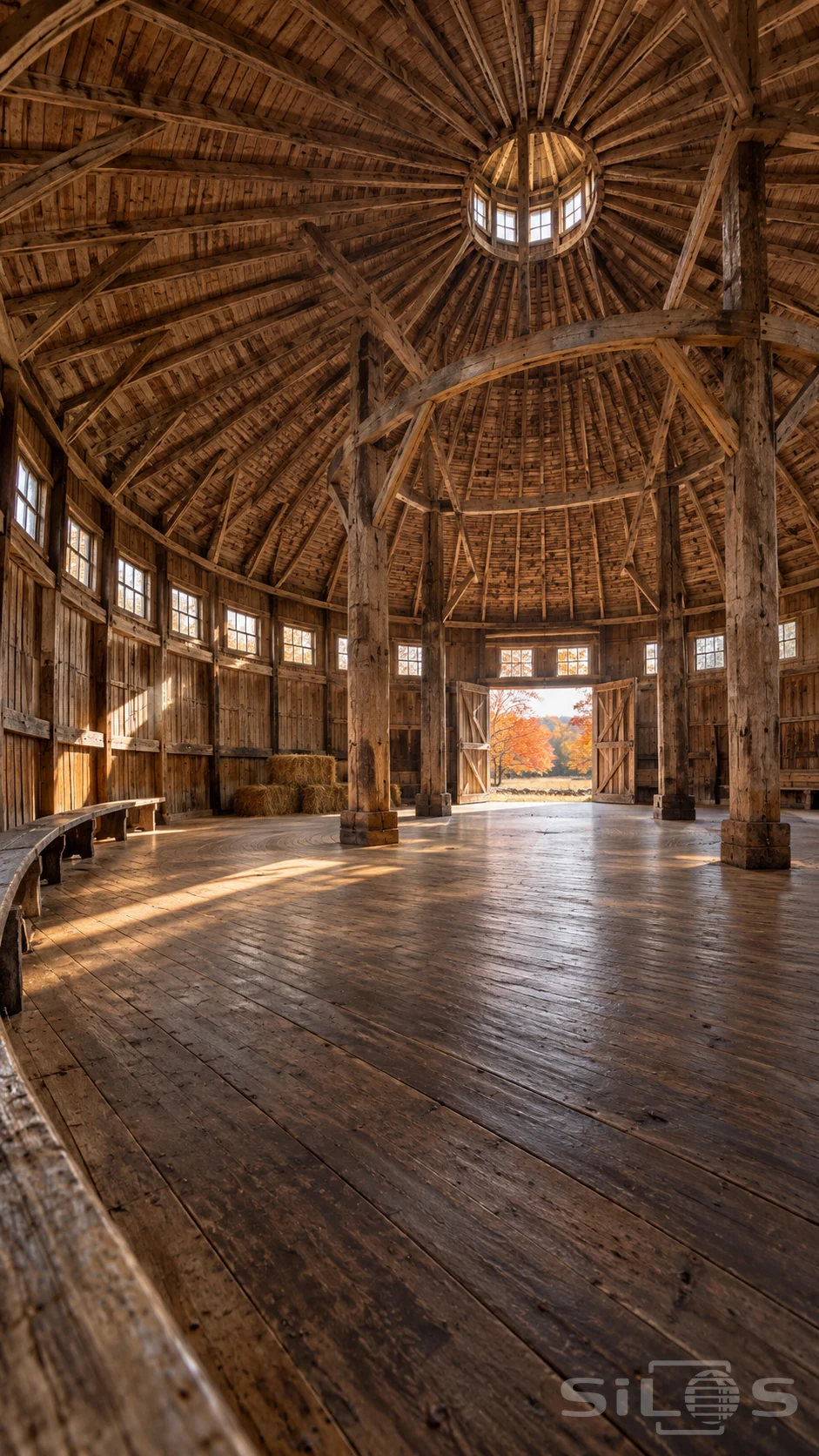 Round barn rafters form a radial timber roof over an empty wooden floor and an open autumn doorway.