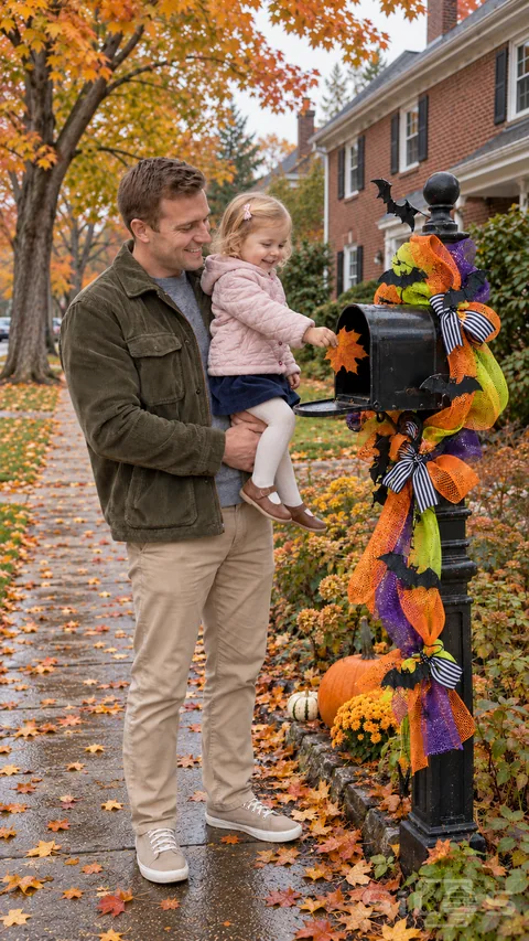 A father securely holds his daughter as she reaches a paper leaf toward a Halloween mailbox wrapped in colorful mesh ribbons.