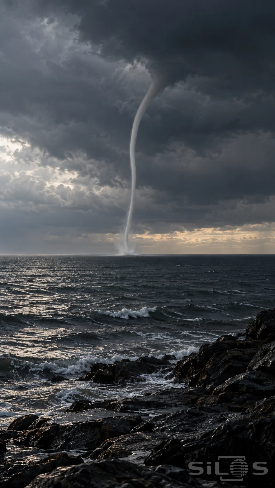 A slender gray waterspout reaches from a dark cloud base to the distant sea beyond waves and wet black shore rocks.