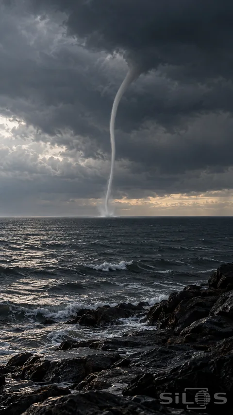 A slender gray waterspout reaches from a dark cloud base to the distant sea beyond waves and wet black shore rocks.
