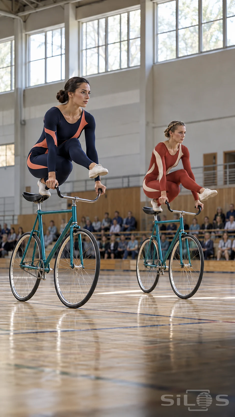 Artistic cycling with two adult women balancing above separate teal bicycles on a polished indoor court, hands placed on the handlebars.