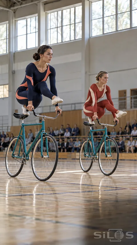 Artistic cycling with two adult women balancing above separate teal bicycles on a polished indoor court; hands placed on the handlebars.