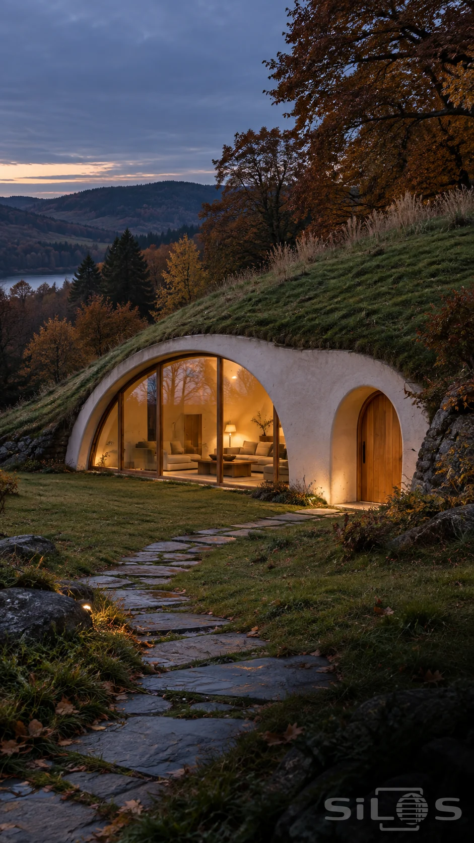 A grass roof covers a white arched hillside house with timber-framed glass, a rounded door and a curving slate path.