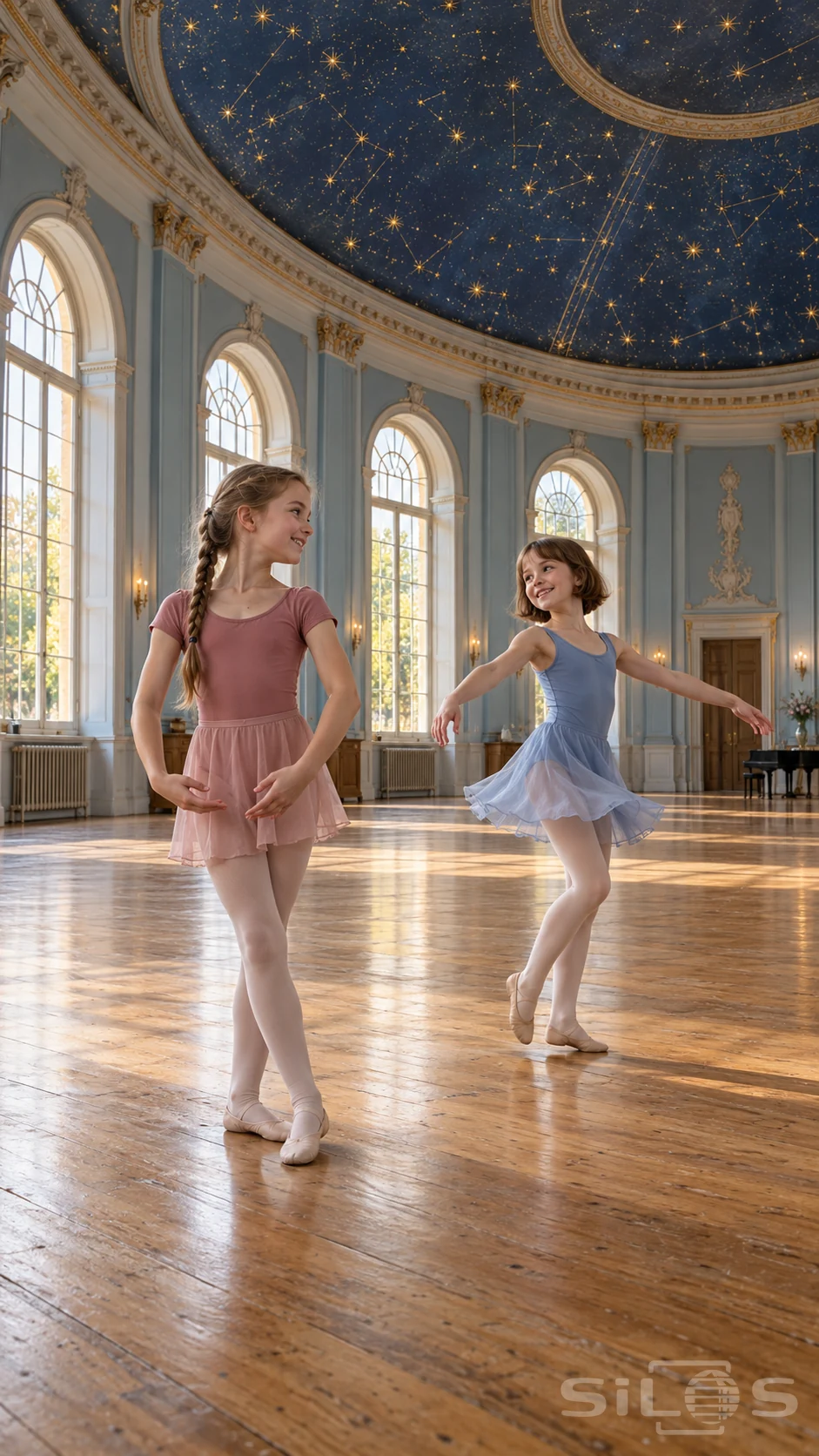 Two girls smile at one another during ballet turns beneath a blue painted sky ceiling in a tall sunlit rehearsal hall.