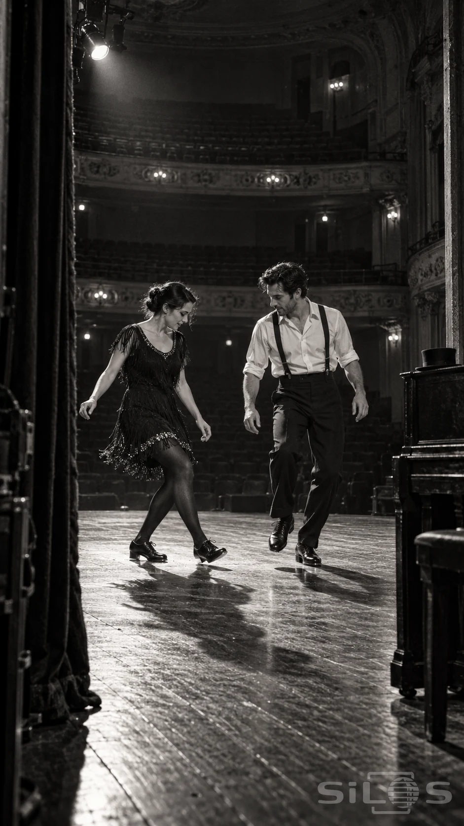 An adult woman in a sapphire tailcoat and an adult man in a waistcoat perform a tap duet on a warmly lit theater stage.