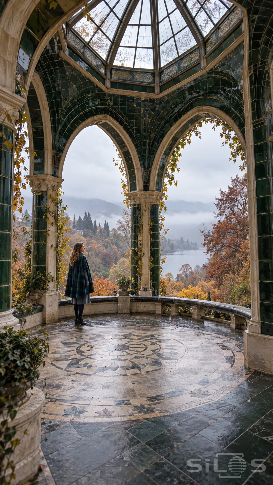 A woman in an emerald-and-navy plaid cape and grey skirt stands inside a green-tiled pavilion overlooking a misty autumn lake.