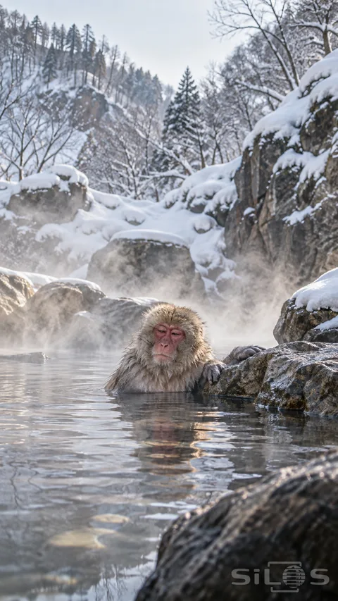 A macaque rests in steaming water beside a wet rock; with snow-covered boulders and bare winter trees behind.