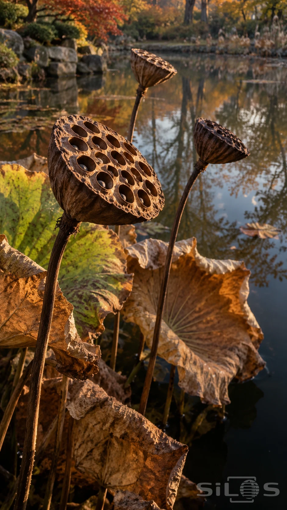 Brown lotus seed pods stand on curved stems above dark pond water and curled copper leaves, with open cavities visible.