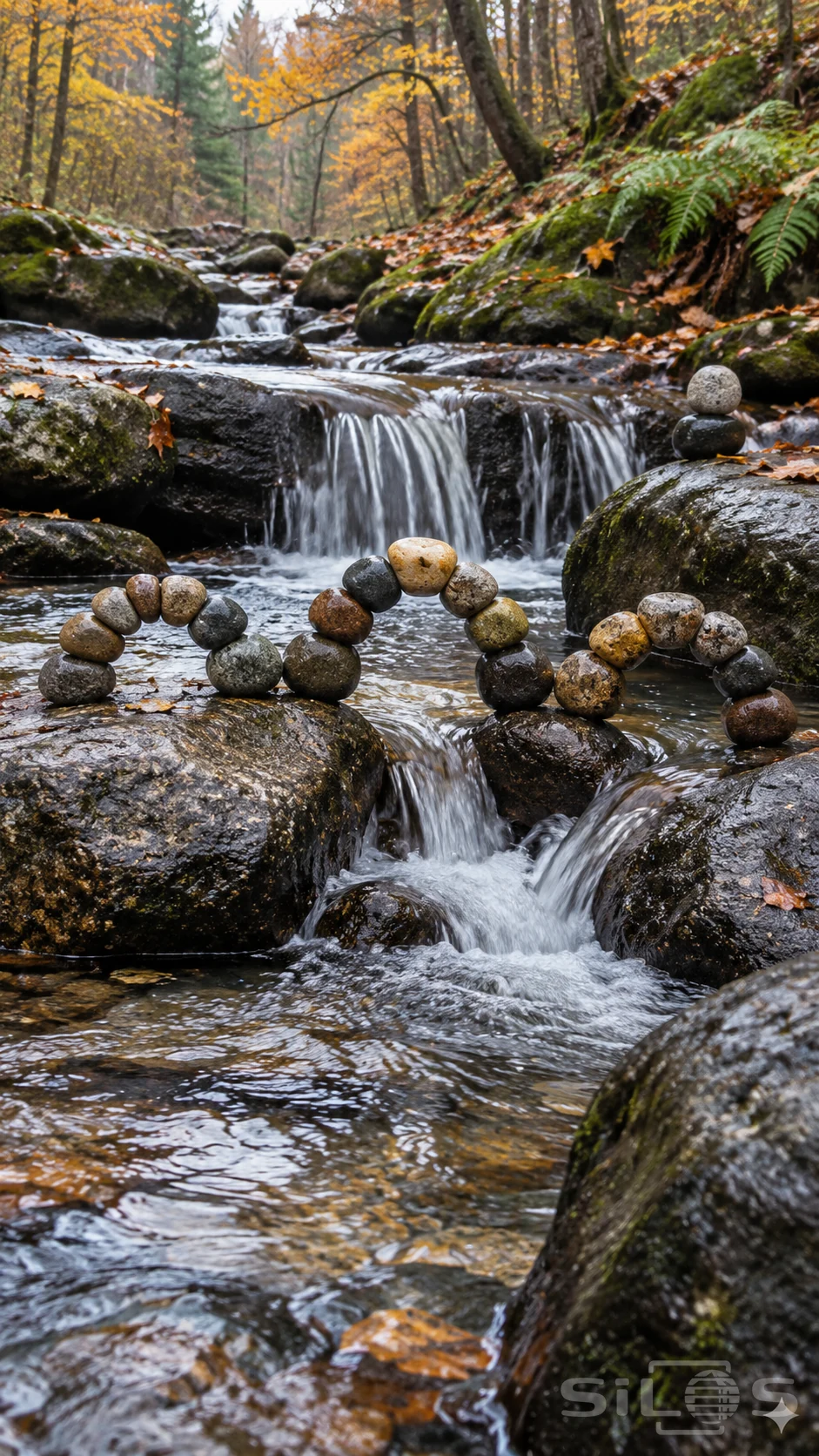 Three small pebble arches rest on boulders above flowing water in an autumn woodland stream.