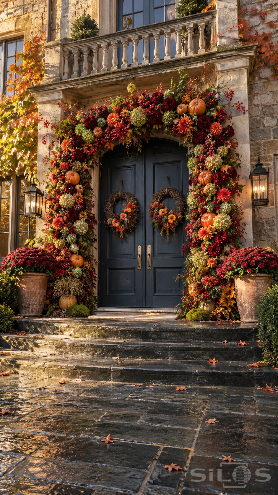 Dark blue double doors framed by a dense autumn garland of pumpkins, burgundy roses, red berries and pale green flowers.