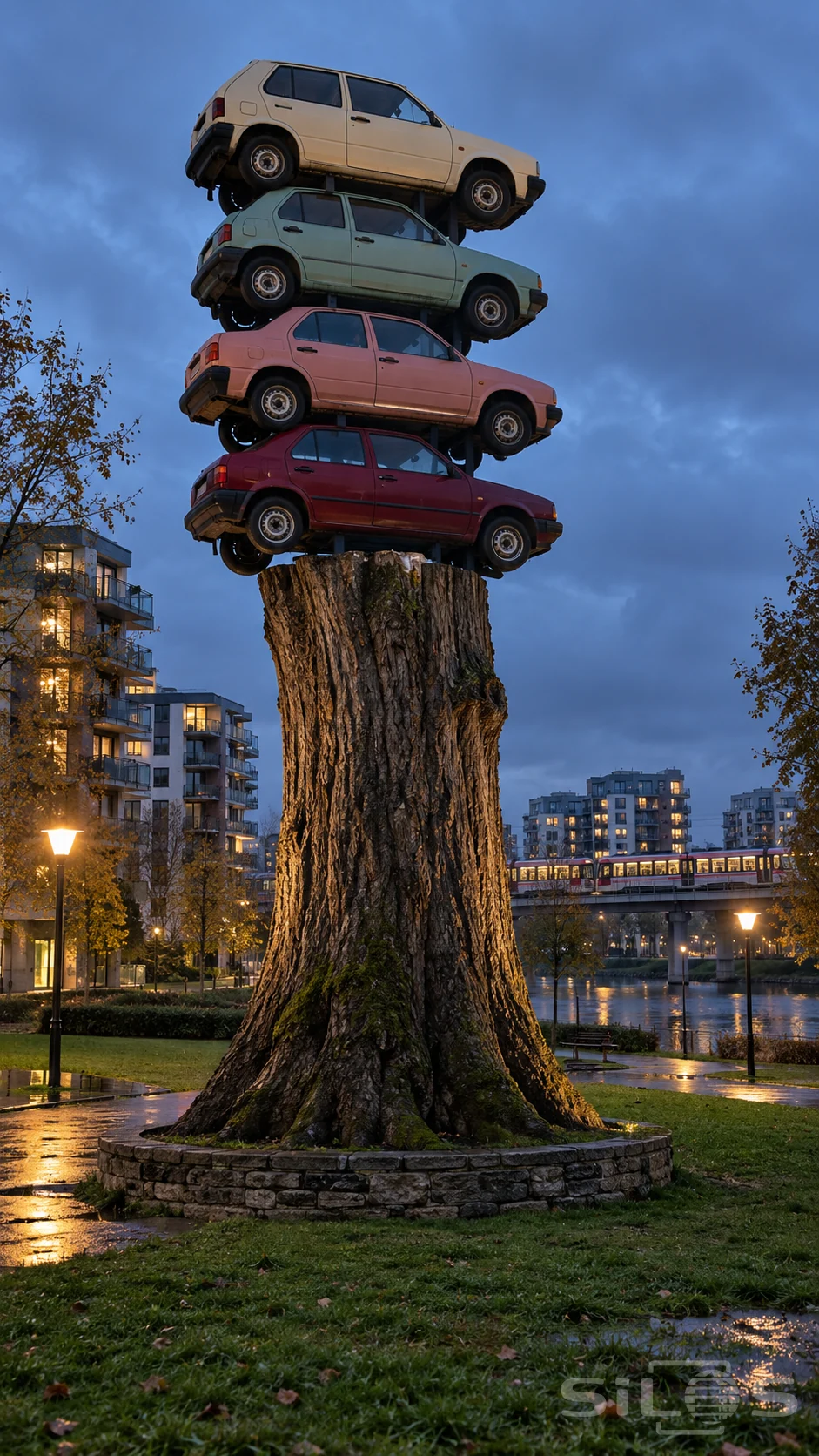 Four differently coloured car shells are stacked on steel supports above a tall tree trunk in a city park.