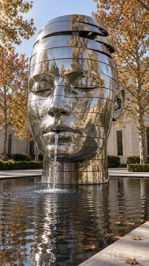 A large face made from horizontal mirrored steel bands pours a narrow stream of water into a shallow pool.