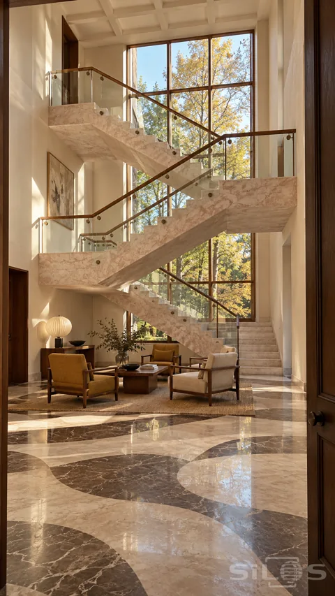 Three pale marble stair flights with glass rails cross a tall window above ochre chairs and a cream-and-brown patterned stone floor.