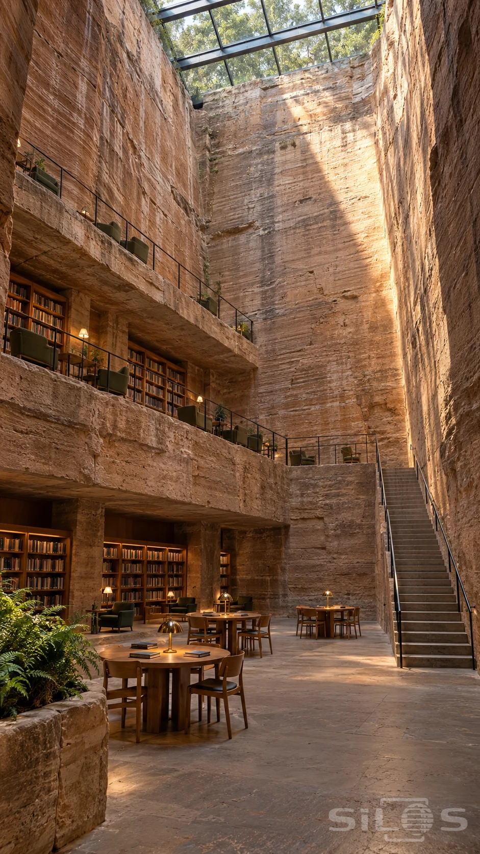 A tall sandstone quarry holds stepped reading galleries, bookshelves, round tables and a broad stair beneath a glass roof.