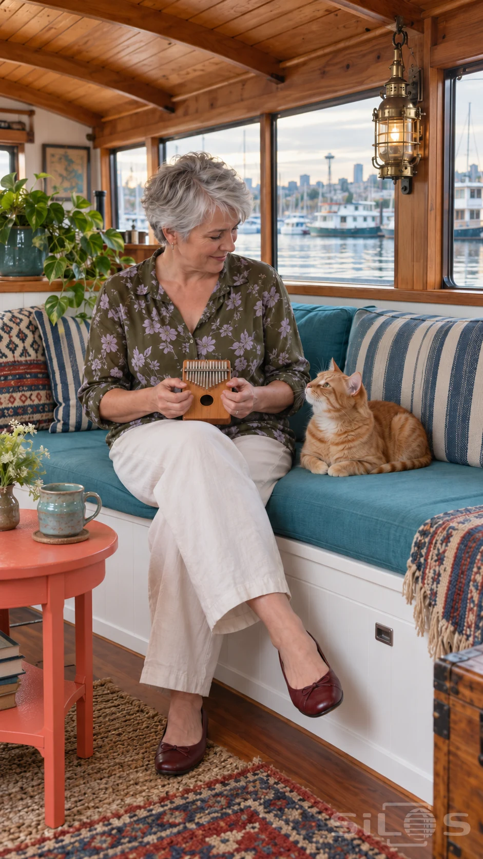 Kalimba notes hold an orange tabby's attention beside a seated silver-haired woman in a warm houseboat sitting room.