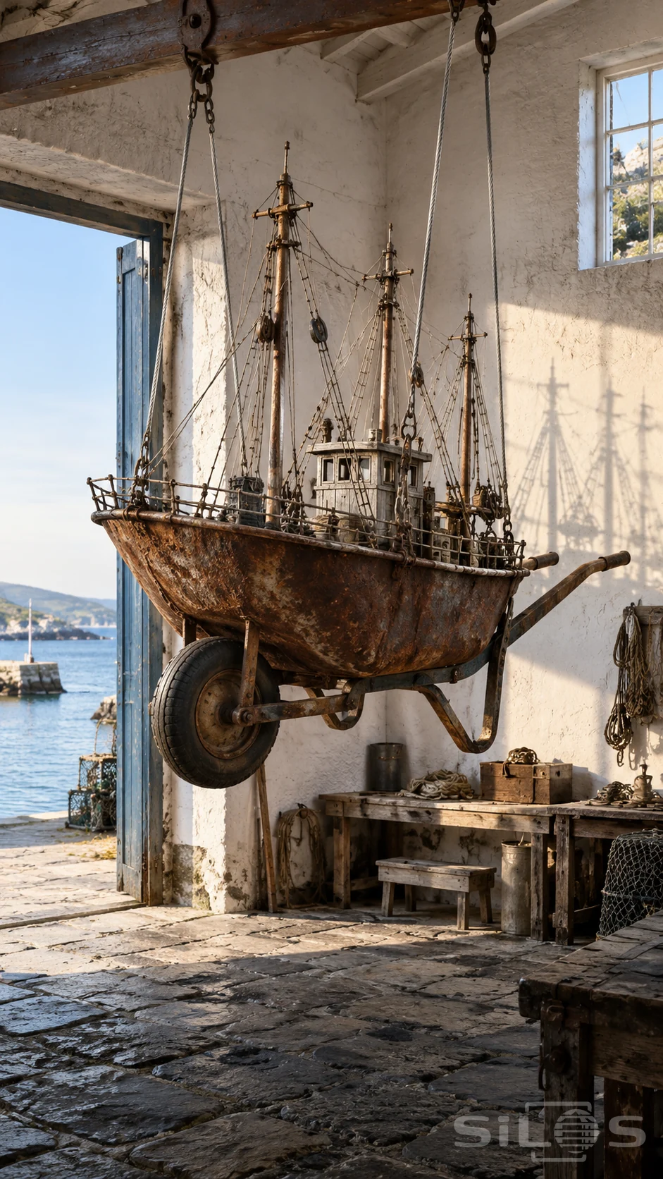 A wheelbarrow ship with three masts hangs from cables in a coastal workshop beside an open blue door.