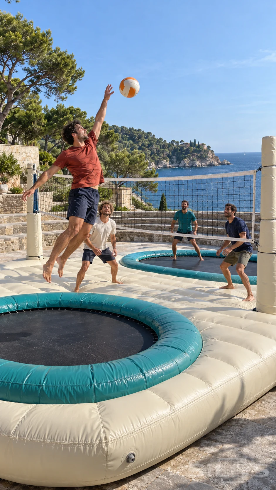 Four adult men play volleyball on a cream inflatable court with teal-ringed trampolines, one jumping for the ball beside the blue sea.