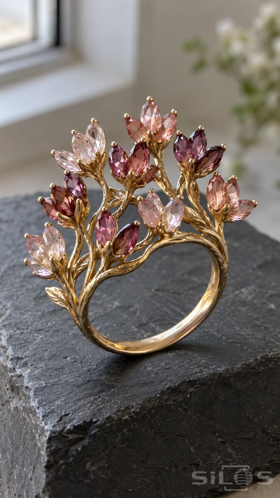 A gold ring with branching stems and small pink, peach and plum gemstone flowers stands on dark slate.