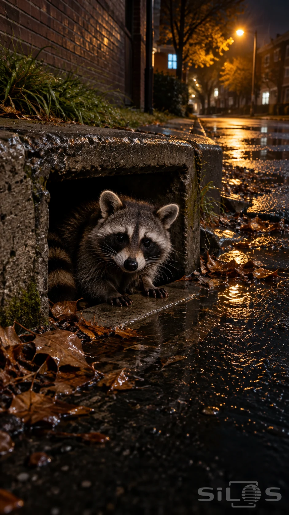 A raccoon rests its forepaws on a concrete storm-drain lip, with its masked face above wet pavement and fallen leaves.