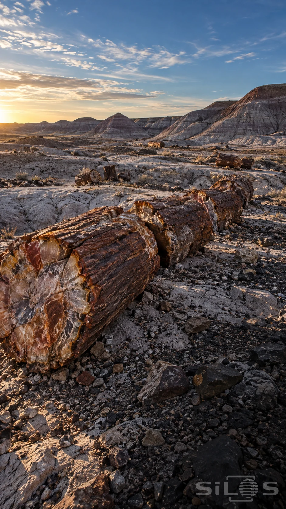 Petrified logs lie in broken segments across pale desert ground beneath eroded hills and a blue evening sky.