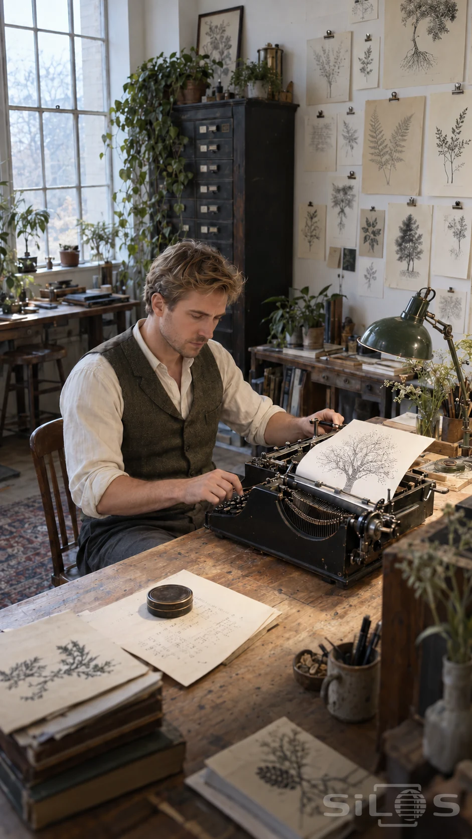 Typewriter art in a botanical studio, with a man working at a manual typewriter and a branching tree on the paper.