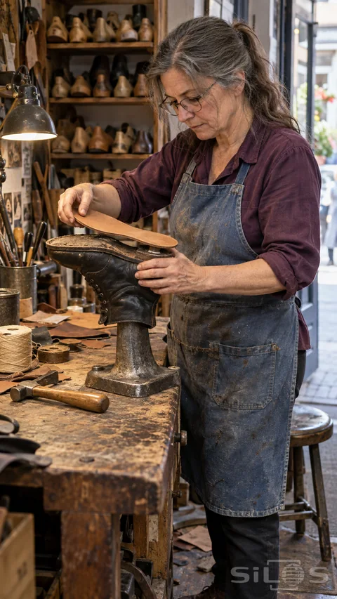 A cobbler holds a new leather sole over an upside-down black boot on an iron last; with a hammer and thread nearby.