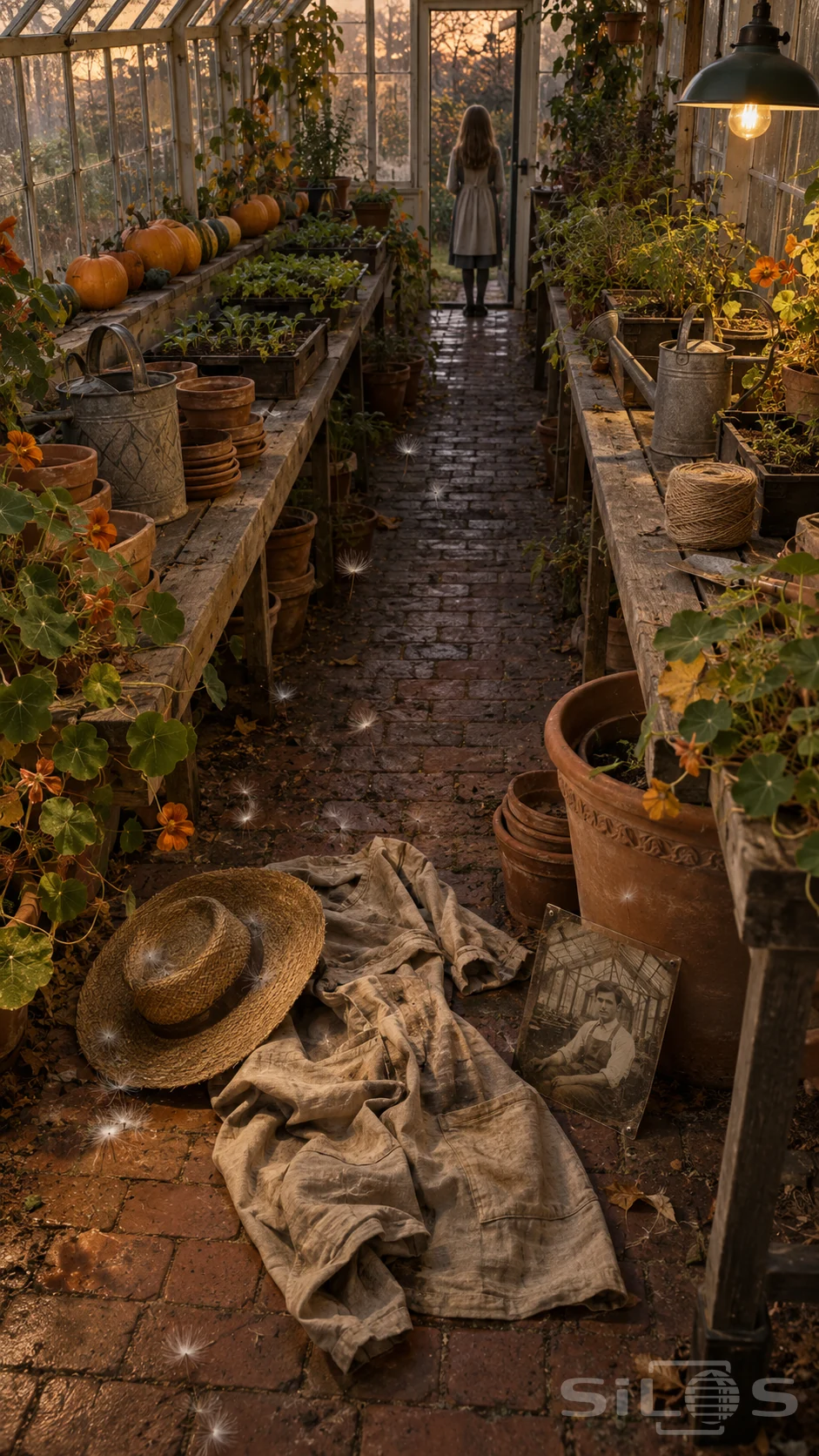 Empty linen work clothes, a straw hat and an old glass photograph lie on a brick glasshouse path, with a girl silhouetted at the far door.