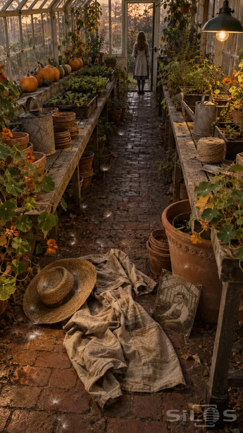 Empty linen work clothes; a straw hat and an old glass photograph lie on a brick glasshouse path; with a girl silhouetted at the far door.